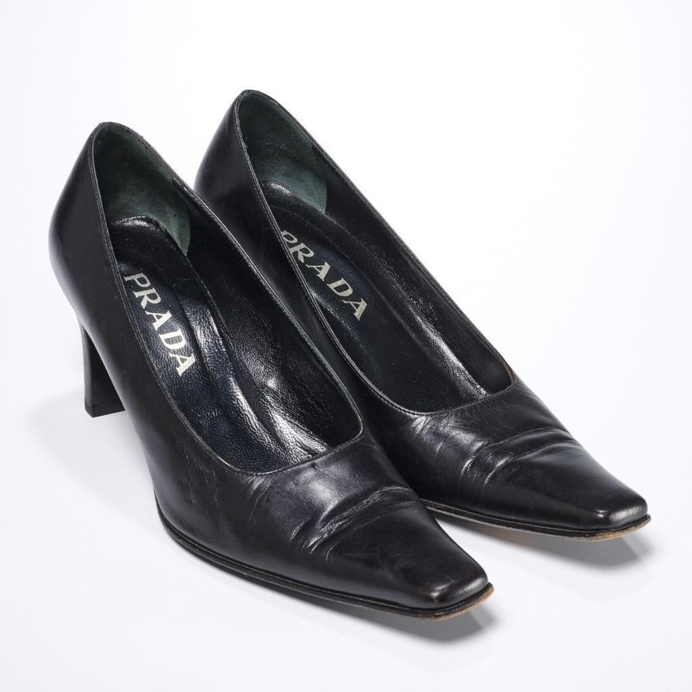 Prada Black Leather Square Toe Block Heels Pumps Shoes Size 5.5 36